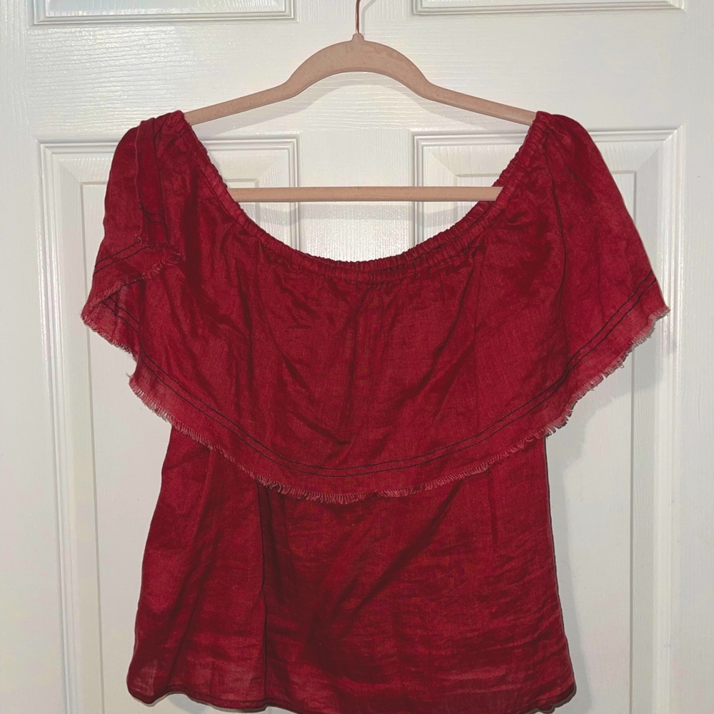 1. State Off the Shoulder Raw Edge Ruffle Linen Summer Top Small S